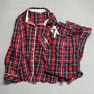 VICTORIA'S‎ SECRET 2 Piece Shimmer Pajama Set Plaid Polka Dots Red Green XL Long
